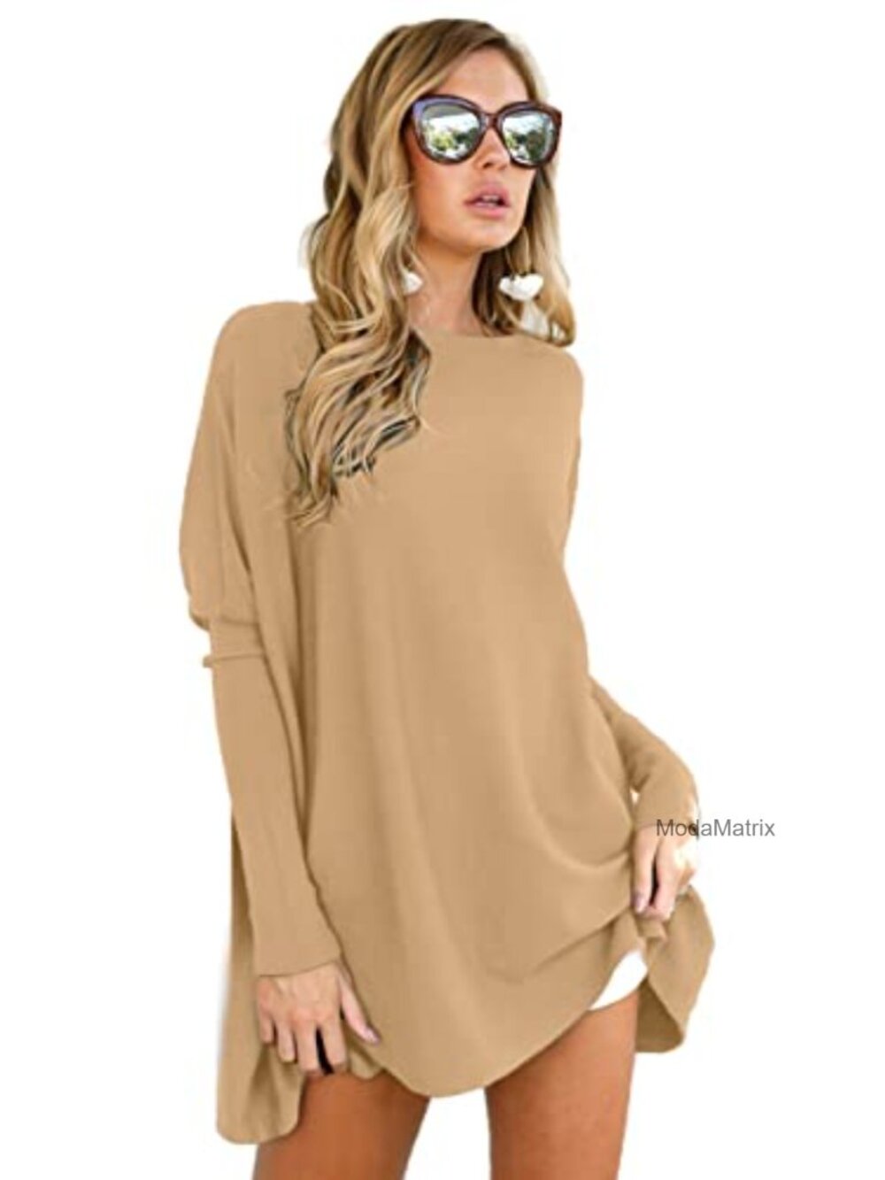 Oversized Tunic Top Women Boat Neck Batwing Long Sleeve Knit Casual